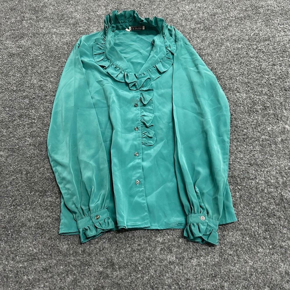 S.G. Gilbert Blouse Womens Size 5/6 Teal Ruffle Collar Long Sleeve Vintage Vibe